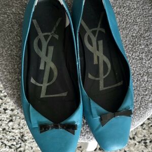 Saint Laurent Teal Leather Ballet Flats with Black Patent Bow Balerine